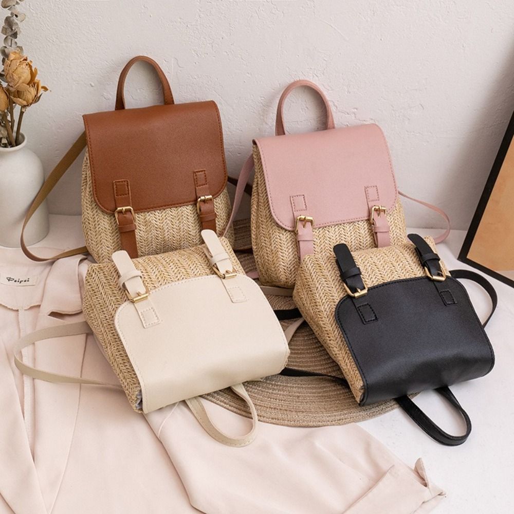 Leather Backpack Vintage - Trendiger PU-Leder Stroh-Rucksack Retro-Design Eleganter Look