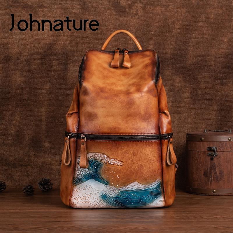 Leather Backpack Vintage - Johnature Damen-Rucksack aus echtem Leder, große
